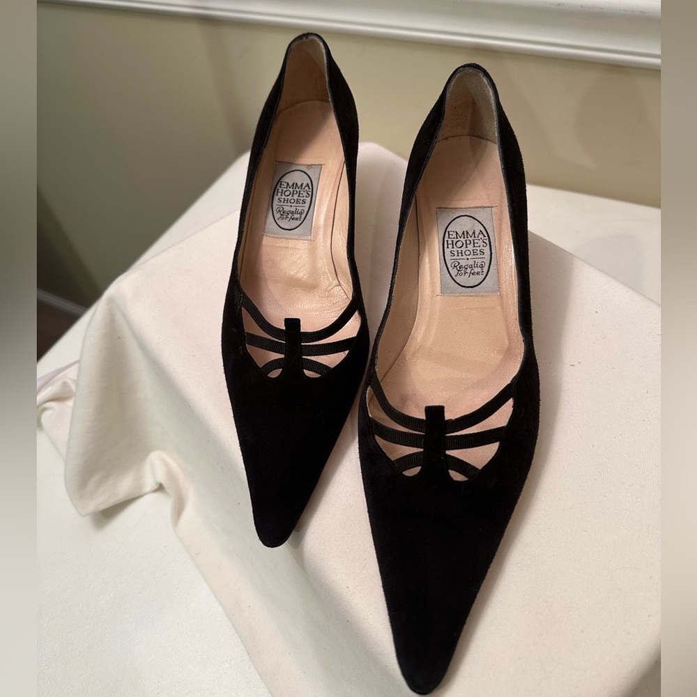 Emma Hope’s vintage black suede heel made in Italy.